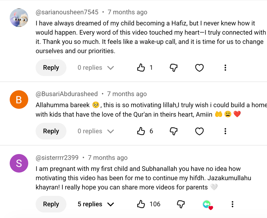 Comments on Raising a Hafidh episode including 106 likes: pregnant with my first child, so motivating to continue my hifdh